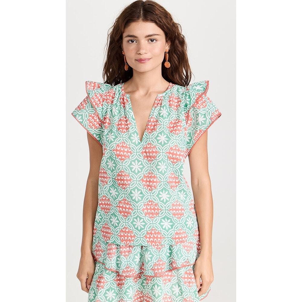 Marea Womens Blouse Grace Flutter Top With Trim V-Neck Cotton Bright Pina XS NWT